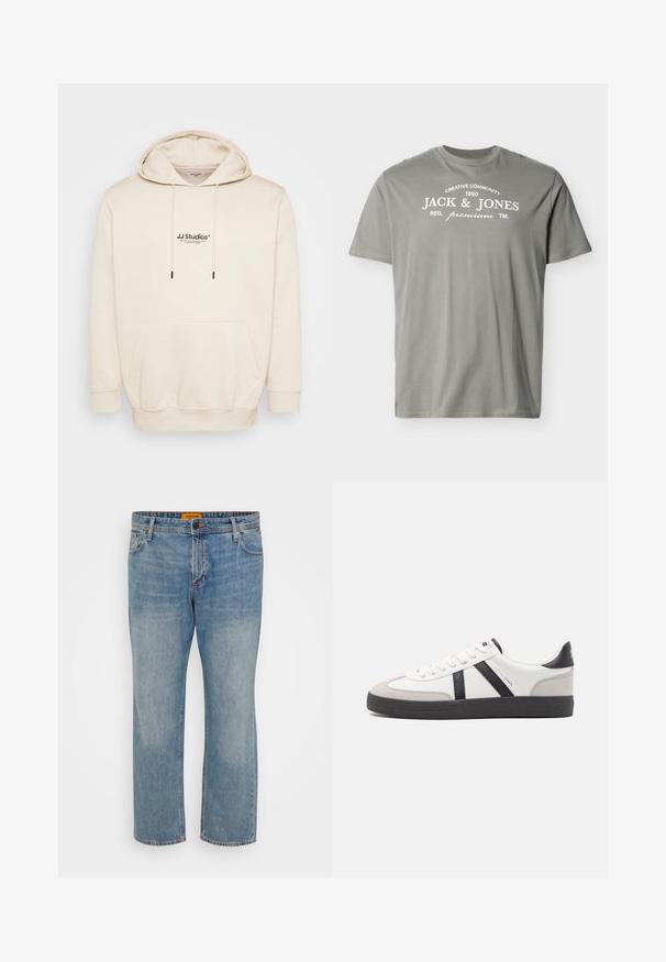Cremehoody med snoretræk, frontlomme og trykt "JJ Studios" logo. Har ribbede mansjetter og kant. Blødt materiale med glat tekstur.; Lysegrå T-shirt med korte ærmer og hvid tekst "Creative Community 1990 Jack & Jones Reg. premium TM" på brystet.; Lyseblå denim jeans med lige ben, der har fem lommer, knaplukning og orange mærke på taljebåndet.; Hvide sneakers med sorte og grå detaljer, med en tekstureret grå tåhætte, sort gummisål og flade hvide snørebånd. Rent design, minimalistisk stil.