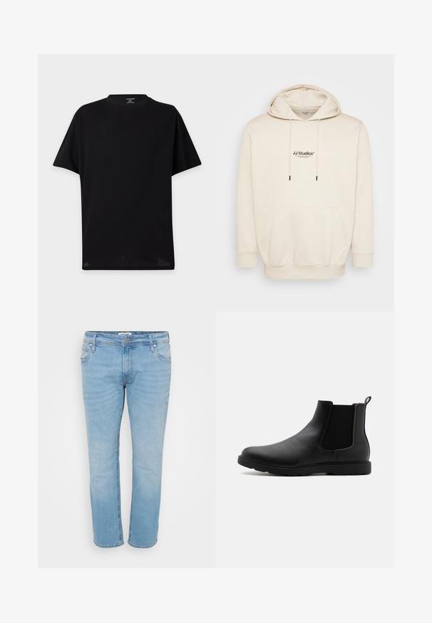 Cremehoody med snoretræk, frontlomme og trykt "JJ Studios" logo. Har ribbede mansjetter og kant. Blødt materiale med glat tekstur.; Ensfarvet sort T-shirt med korte ærmer og rund hals uden synlige logoer eller designs vist mod en lys baggrund.; Lyseblå denim jeans med lige ben, fem lommer, diskret falmning og knaplukning. Syning på lommerne.; Sorte læder Chelsea støvle med elastiske sidepaneler, en trækflap og en holdbar gummisål. Glat tekstur og strømlinet design.