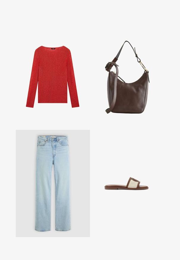 Rød strikket trøje med lange ærmer, rund halsudskæring og tekstureret stof, vist fladt mod en hvid baggrund.; Lysblå denim jeans med lige ben, der har fem lommer, en klassisk lynlås og synlige stikninger.; Brune læderslidesandal med en beige vævet overdel, flad sål og rund tå. Designet inkluderer en logoakcent på remmen.; Mørkebrunt skuldertaske i tekstureret læder med justerbar rem og guldfarvet ringdetalje på hvid baggrund.