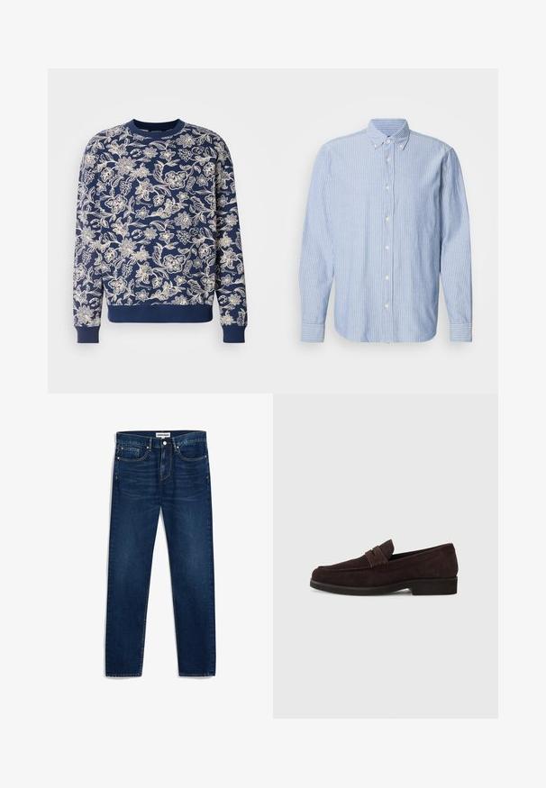 Marineblauer Sweatshirt mit weißer Blumenstickerei, rundem Ausschnitt, langen Ärmeln, gerippten Bündchen und Saum, mit filigranen botanischen Mustern.; Hemd mit Knöpfen in Hellblau mit weißen Streifen, ausgestattet mit einem klassischen Kragen und langen Ärmeln. Hergestellt aus gewebtem Stoff mit einer glatten Textur.; Dunkelblaue Jeans aus Denim mit geradem Schnitt, fünf Taschen und Kontrastnähten. Mit Knopfverschluss und Reißverschluss.; Braune Wildleder-Slipper mit niedrigem Profil und runder Zehenform. Verfügt über einen dekorativen Riemen über dem Obermaterial, eine flache Gummisohle und keine sichtbaren Nähte.