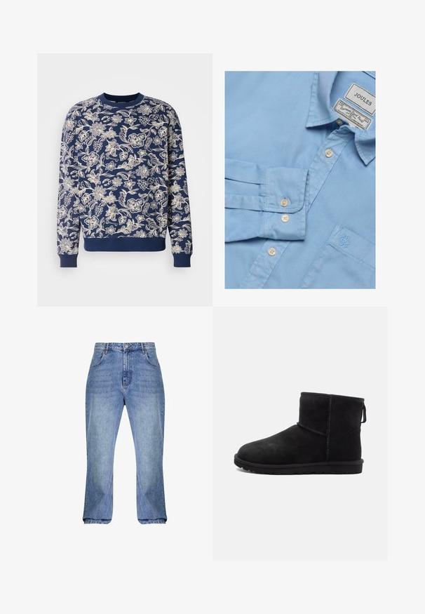 Marineblauwe sweatshirts met witte bloemrijke borduursels, ronde halslijn, lange mouwen, geribbelde manchetten en zoom, met verfijnde botanische patronen.; Lichtblauw overhemd met lange mouwen, knopen, een kraag, een borstzak met borduurwerk en merklabellen aan de binnenkant van de kraag.; Lichtblauwe denim jeans met een hoge taille, rechte snit en licht uitlopende pijpen. Bevat klassieke vijf-pocket styling en riemlussen.; Zwarte suède enkellaarsjes met ronde neus, minimale stikdetails, een lusje om aan te trekken en een gestructureerde rubberen zool. Ontworpen voor warmte en comfort.