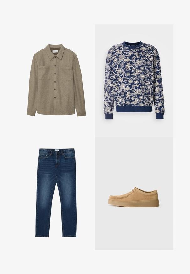 Sweat-shirt bleu marine avec broderie florale blanche, col rond, manches longues, poignets et ourlet côtelés, présentant des motifs botaniques détaillés.; Chemise boutonnée en laine marron avec un col pointu, deux poches poitrine et des boutons noirs. Texture douce avec une coupe décontractée.; Jean slim-fit bleu foncé avec des détails délavés, design classique à cinq poches, fermeture à bouton et passants de ceinture.; Chaussures en daim à lacets de couleur beige clair avec un bout arrondi, un motif de couture et une semelle en caoutchouc plate, présentant une texture lisse.