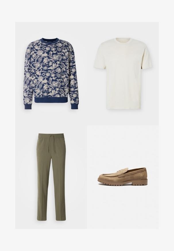 Sudadera azul marino con bordado floral blanco, cuello redondo, mangas largas, puños y dobladillo acanalados, con intrincados patrones botánicos.; Camiseta lisa de algodón color blanco hueso, cuello redondo y manga corta, con un logo sutil en el pecho izquierdo, presentada sobre un fondo blanco plano.; Pantalones de color verde oliva, ligeros, con cintura elástica y cordón ajustable; diseño de pierna recta y textura suave.; Mocasines de gamuza color marrón claro con punta redondeada, suela plana de goma y costuras decorativas en la parte superior. Presentan un diseño sin cordones para poner y quitar fácilmente.
