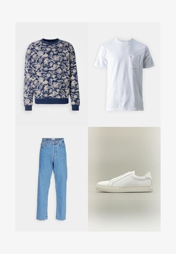 Mørkeblå sweatshirt med hvid blomstret broderi, rund halsudskæring, lange ærmer, ribbede manchetter og kant, med detaljerede botaniske mønstre.; Hvid bomulds t-shirt med rund hals, korte ærmer og en lomme på venstre bryst, samt et lille logo på lommen. Glat tekstur.; Lyseblå højtaljede lige ben jeans med knap foran, lynlåslukning, bæltestropper og fem-lomme design på hvid baggrund.; Hvid lavtop sneaker med snørebånd foran og tyk sål, vist fra siden mod en neutral baggrund.