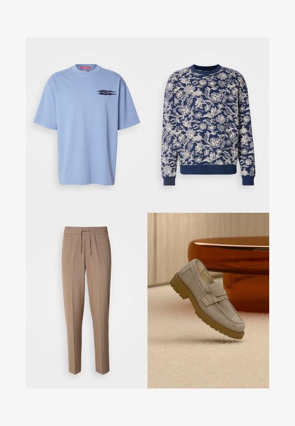 Mørkeblå sweatshirt med hvid blomstret broderi, rund halsudskæring, lange ærmer, ribbede manchetter og kant, med detaljerede botaniske mønstre.; Lyseblå t-shirt med korte ærmer lavet af bomuld. Har en rund halsudskæring og et sort grafisk motiv af pile på den venstre brystområde.; Brune, vævede bukser med en afslappet pasform, snøre i taljen og frontfald. Lige ben og ingen synlige lommer eller metaldele.; Lysegrå ruskind loafers med chunky brun gummisål placeret på beige tæppe foran et sløret brunt rundt bord.