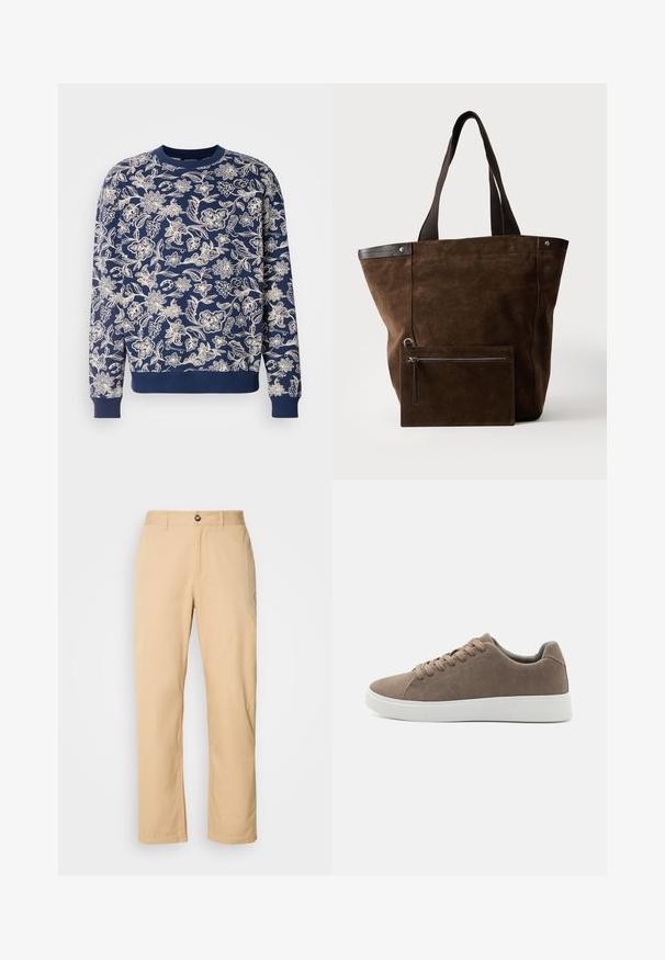 Mørkeblå sweatshirt med hvid blomstret broderi, rund halsudskæring, lange ærmer, ribbede manchetter og kant, med detaljerede botaniske mønstre.; Khaki bomuldsbukser med lige ben-design, der har en frontknaplukning og bæltestropper. Glat tekstur og ensartet overflade.; Brune ruskinds sneakers med flade hvide gummisåler, snørelukning, rund tå og en glat overflade. Minimalistisk stil med diskrete syninger.; Mørkebrun ruskindstaske med sorte håndtag og en tilsvarende rektangulær lynlåspung fastgjort foran.