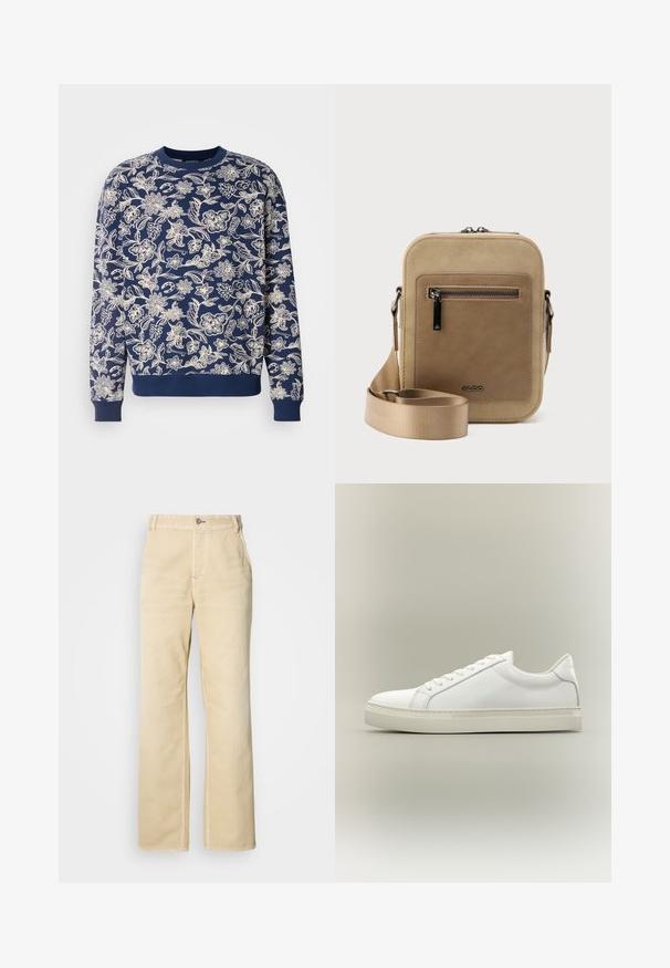 Marineblauwe sweatshirts met witte bloemrijke borduursels, ronde halslijn, lange mouwen, geribbelde manchetten en zoom, met verfijnde botanische patronen.; Khaki wijde broekspijpen gemaakt van zachte katoen, met een enkele knoopsluiting, steekzakken aan de voorkant en zichtbare stiksels langs de naden.; Witte lage sneaker met veters aan de voorkant en dikke zool, zijaanzicht tegen een neutrale achtergrond.; Kleine beige crossbodytas met een voorvak met ritssluiting, metalen ALDO-logo, verstelbare brede band en afgeronde rechthoekige vorm op een witte achtergrond.