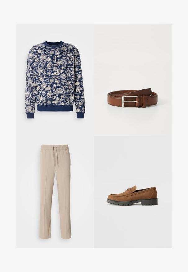 Marineblauwe sweatshirts met witte bloemrijke borduursels, ronde halslijn, lange mouwen, geribbelde manchetten en zoom, met verfijnde botanische patronen.; Beige, relaxte broek gemaakt van zachte stof, met een elastische tailleband met een trekkoord en rechte pijpen met minimale accenten.; Bruine suede instappers met een ronde neus en een lage zwarte rubberen zool, met een decoratieve band en stiksel details op het bovenwerk.; Bruine leren riem met een gladde afwerking, voorzien van een metalen gesp in zilver en subtiele stiksels langs de randen. Tijdloos en duurzaam ontwerp.