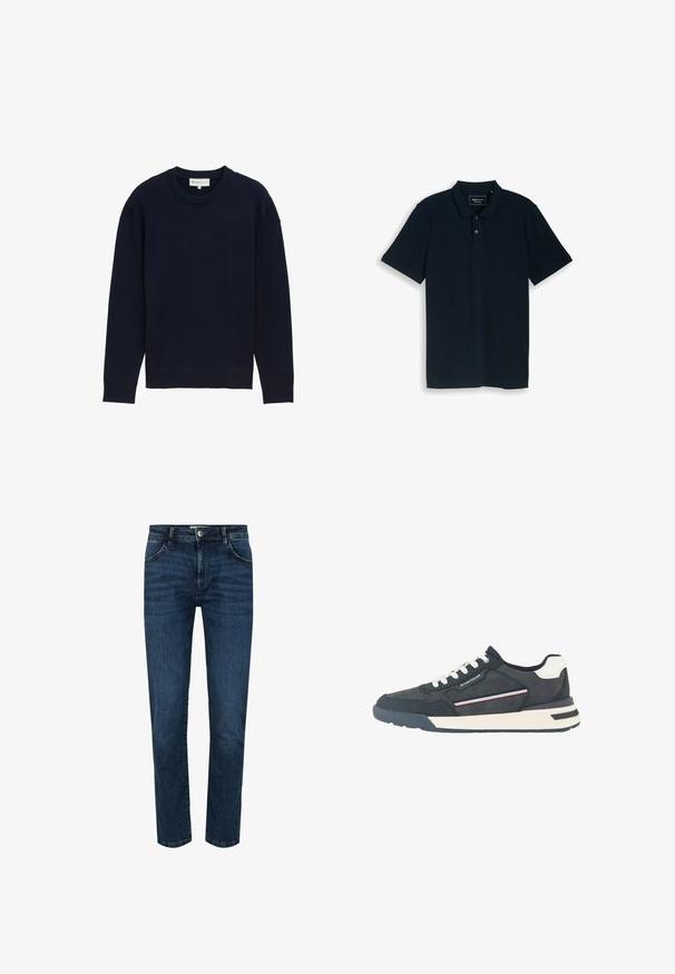 Marineblauer Langarm-Pullover mit geripptem Rundhalsausschnitt und Bündchen, vor einem schlichten weißen Hintergrund präsentiert.; Marineblaues Poloshirt mit kurzen Ärmeln, Zwei-Knopf-Leiste und Kragen, flach auf weißem Hintergrund liegend.; Dunkelblaue Denim-Jeans mit geradem Schnitt, Fünf-Pocket-Design und Druckknopfverschluss. Verstärkte Nähte an den Nähten und ein leichter Verblassungseffekt.; Herren Sneaker in Marineblau und Weiß mit weißen Schnürsenkeln, perforierter Zehenkappe, gestreiftem Seitendetail und gebrandetem Akzent auf dem Seitenpanel.