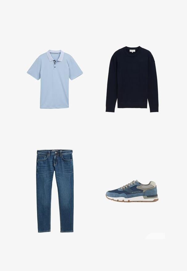 Mørkeblå langærmet pullovertrøje med ribbet rund hals og manchetter, vist mod en plain hvid baggrund.; Lyseblå polo-shirt med en tofarvet krave, tre-knaps placket og korte ærmer. Fremstillet af glat, åndbart stof.; Mørkeblå denim jeans med lige ben, fem-lomme design og synlige syninger langs sømmene. Har lynlås og logo mærke.; TOM TAILOR LICENCE SNEAKER MIT -BLOCKING - Sneakers - navy