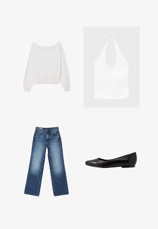 Hvid, strikket sweater med off-shoulder udskæring, lange ærmer og ribbet kant. Blød tekstur med en let glans, uden synlige mønstre.; Hvid ærmeløs haltertop med dyb, rund udskæring og tætsiddende talje, vist mod en enkel lys baggrund.; Blå vidtsiddende jeans i denim med forlommer og møntlomme foran, knaplukning og falmet vask på lår og knæ.; Sort ballette sko lavet af glat læder med rund tå og lav, flad sål. Har en glat overflade med et enkelt og strømlinet design.