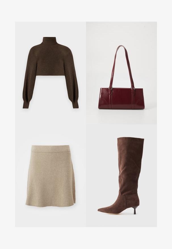 Bruine cropped coltrui, met een geribbelde textuur en volumineuze mouwen, gemaakt van zacht, warm materiaal.; Beige rok van zachte stof, A-lijn ontwerp, met een subtiele textuur en een rechte zoom. Effen kleur zonder zichtbare patronen of accenten.; Bruine suède knie-high laars met een puntige neus, slanke hak en een gladde textuur; heeft een fitted ontwerp en minimalistische afwerking.; Bourgondische handtas van glanzend materiaal, rechthoekige vorm, met twee schouderbanden en subtiele gebogen accenten aan de voorkant.