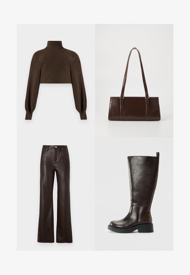 Bruine cropped coltrui, met een geribbelde textuur en volumineuze mouwen, gemaakt van zacht, warm materiaal.; Vero Moda Wide-leg VMTESSA High rise - Broek - chocolate torte; Donkerbruine leren kniehoog laars met een ronde neus, stevige zwarte zool, lage blokhak en een trekknoop aan de bovenkant achter.; Bruine lakleren handtas met een rechthoekige vorm, twee lange handvatten en subtiele gebogen accenten aan de voorkant.