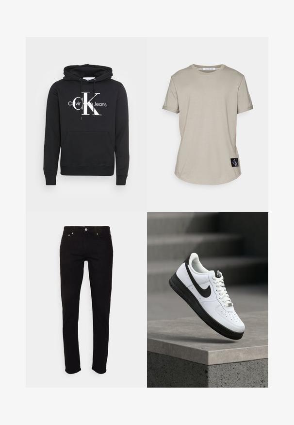 Sort hættetrøje med snoretræk i hætten, forlommekant og hvidt trykt logo "Calvin Klein Jeans" med stort "CK" i midten. Fremstillet af bomuldsmateriale.; Beige bomulds t-shirt med rund hals og rullede korte ærmer. Har et sort mærke med hvidt logo ved kanten. Glat tekstur.; Sorte slim-fit jeans med knap- og lynlås, for- og baglommer, vist på hvid baggrund.; Hvid lædersneaker med sorte detaljer, rundet tå og perforerede detaljer. Sort gummisål med tekstureret mønster og snørelukning.