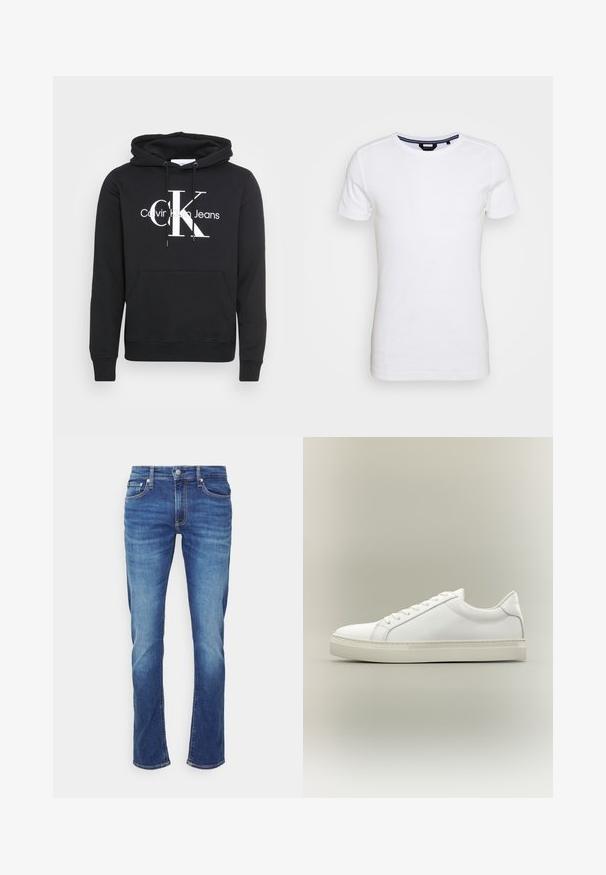Zwarte hoodie met een trekkoord capuchon, voorzak en wit gedrukt logo "Calvin Klein Jeans" met grote "CK" in het midden. Katoenen materiaal.; Lindbergh T-shirt basic - white; Blauwe spijkerbroek met vervaagde effecten, voorkant met knoop- en ritssluiting, en vijfzakkenstijl tegen een effen witte achtergrond.; Witte lage sneaker met veters aan de voorkant en dikke zool, zijaanzicht tegen een neutrale achtergrond.
