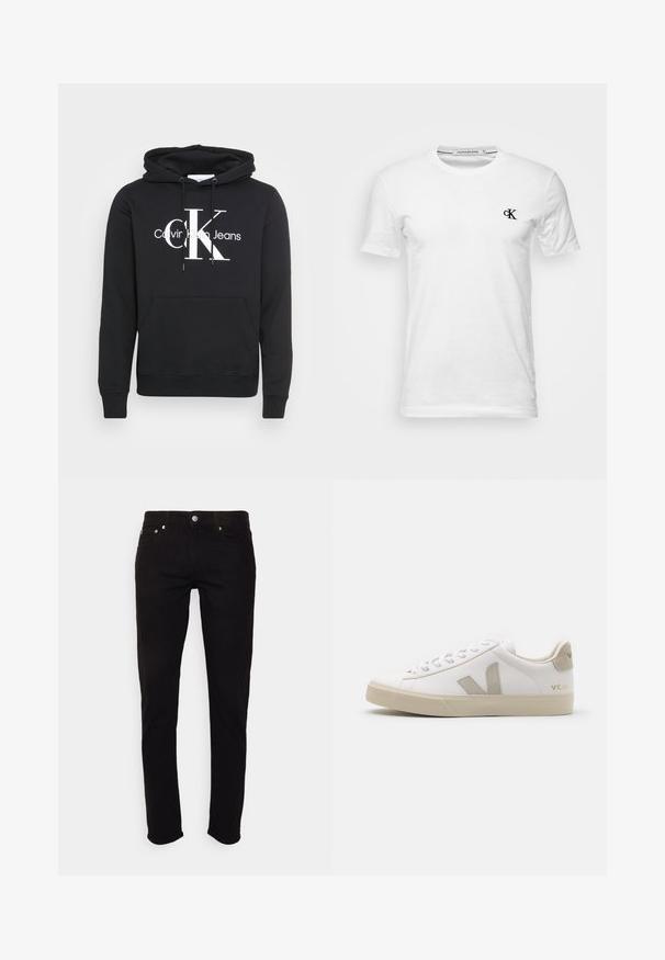 Sort hættetrøje med snoretræk i hætten, forlommekant og hvidt trykt logo "Calvin Klein Jeans" med stort "CK" i midten. Fremstillet af bomuldsmateriale.; Hvid T-shirt med korte ærmer og rund hals med lille sort "CK"-logo på venstre bryst, mærke Calvin Klein Jeans, størrelse medium.; Sorte slim-fit jeans med knap- og lynlås, for- og baglommer, vist på hvid baggrund.; Hvide lædersneakers med beige detaljer, flad gummisål, rund tå og kontrasterende logo på siden og bagsiden. Snørebåndsdesign.