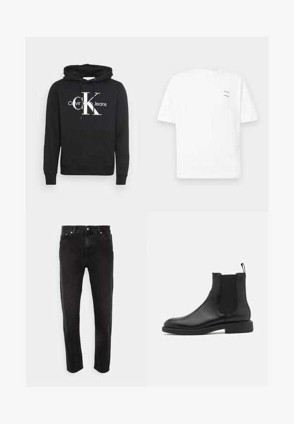 Sort hættetrøje med snoretræk i hætten, forlommekant og hvidt trykt logo "Calvin Klein Jeans" med stort "CK" i midten. Fremstillet af bomuldsmateriale.; Hvid bomulds t-shirt med en afslappet pasform, korte ærmer og V-udskæring. Har to små sorte trykte logoer på venstre side.; Sorte denimbukser med lige ben-design, der har en medium høj talje, bæltestropper og fem-lomme stil. Blød tekstur med minimal falming.; Sort læder ankelstøvle med glat overflade, elastiske sidepaneler og en trækstrop. Rund tå og flad gummisål med minimal mønster.