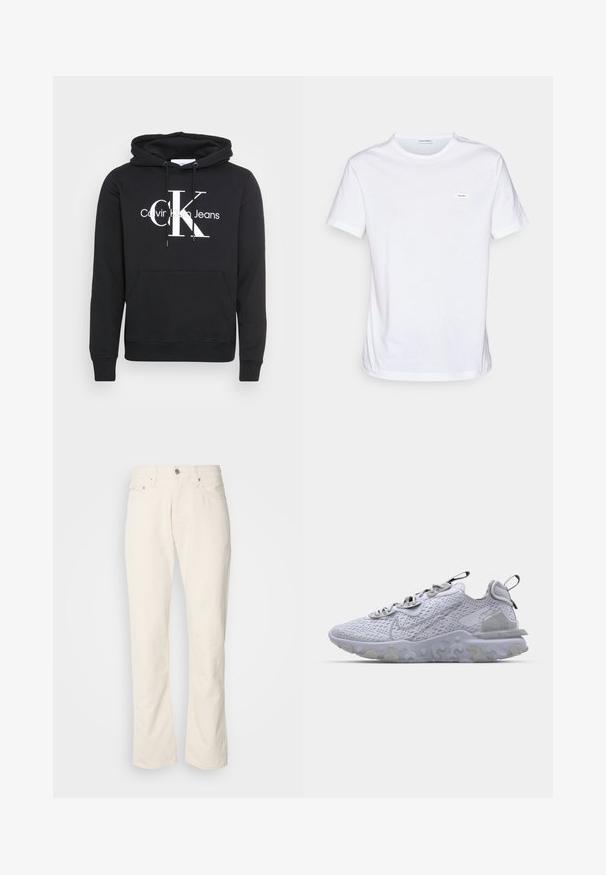 Zwarte hoodie met een trekkoord capuchon, voorzak en wit gedrukt logo "Calvin Klein Jeans" met grote "CK" in het midden. Katoenen materiaal.; Witte katoenen t-shirt met korte mouwen, ronde hals, en een klein merklabel op de borst. Gladde textuur en minimalistisch ontwerp.; Beige katoenen jeans met een klassiek recht model, met een knoopsluiting aan de voorkant, vijf zakken en subtiele stikdetails.; Lichtgrijze sportschoen met een ademend mesh bovenwerk, een geprofileerde rubberen zool en reflecterende accenten. Bevat een gevoerde kraag en een vetersluiting.