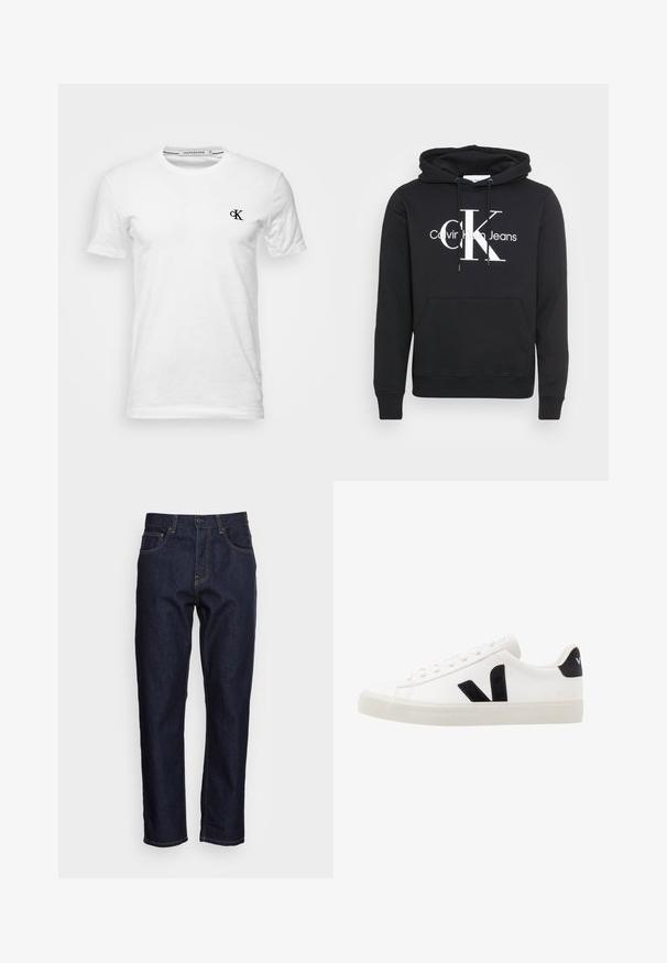 Čierna mikina s kapucňou so sťahovacou šnúrkou, prednou vreckom a bielou potlačou loga "Calvin Klein Jeans" s veľkým "CK" uprostred. Materiál: bavlna.; Biele tričko s krátkym rukávom a okrúhlym výstrihom s malým čiernym logom "CK" na ľavej strane hrudníka, označené Calvin Klein Jeans, veľkosť medium.; Tmavomodré džínsy s rovnými nohavicami, piatimi vreckami a kontrastným žltým prešívaním. Navrhnuté s klasickým gombíkovým a zipsovým zapínaním.; Biele kožené tenisky s čiernymi semišovými akcentmi; majú gumovú podrážku, okrúly špičku a klasický šnurovací dizajn. Na boku logo v čiernej farbe.
