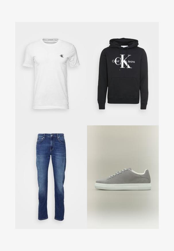Mustat hupparit jossa on nyörillä varustettu huppu, etutasku ja valkoinen painettu logo "Calvin Klein Jeans" jossa iso "CK" keskellä. Puuvillamateriaali.; Valkoinen lyhythihainen pyöreäkauluksinen t-paita, jossa pieni musta "CK"-logo vasemmassa rinnassa, merkiltään Calvin Klein Jeans, koko medium.; Miestne modré džínsy s piatimi vreckami, zapínaním na gombík a mierne vyblednutými prednými stehnami a kolenami.; Harmaa mokkanahkainen tennari valkoisella kumipohjalla ja nauhoilla, matalalla leikkauksella ja sileällä pinnalla. Minimalistinen tyyli ilman näkyviä logoja.