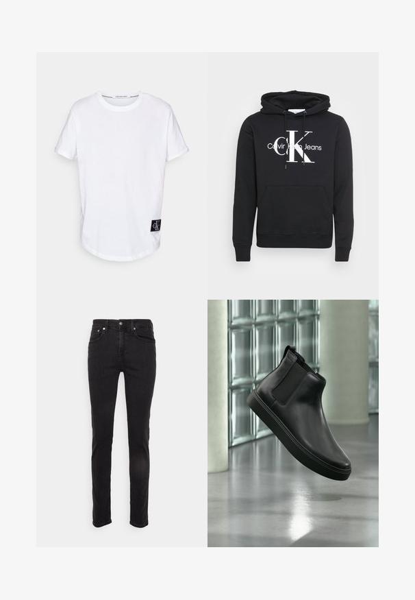 Sort hættetrøje med snoretræk i hætten, forlommekant og hvidt trykt logo "Calvin Klein Jeans" med stort "CK" i midten. Fremstillet af bomuldsmateriale.; Hvid bomulds T-shirt med rullede korte ærmer, afrundet kant og et sort logo-tag med "CK" i nederste venstre hjørne.; Slim-fit sorte denimjeans med forlommer, bæltestropper og knaplukning vist mod en ensfarvet, lys baggrund.; Sort læder ankelstøvle med elastiske sidepaneler, der svæver over en poleret beton gulv og glasblokke i baggrunden.