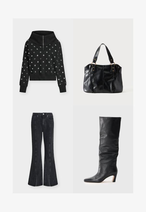 Zwarte cropped trui met lange mouwen, hoge kraag met rits en glanzende ronde studs die de voorkant en mouwen gelijkmatig bedekken.; Zwarte jeans met hoge taille en uitlopende pijpen, vooraan naden, voorste knoop, ritssluiting en brede pijpopeningen met kleine voorste splitjes.; Zwarte leren enkellaars met hak, met een lichtjes slappende schacht en een puntige neus, op een lichte achtergrond.; Zwarte leren schoudertas met dubbele bandjes bevestigd met gouden ringen en klinknagels, glad en licht glanzend oppervlak, eenvoudig ontwerp.