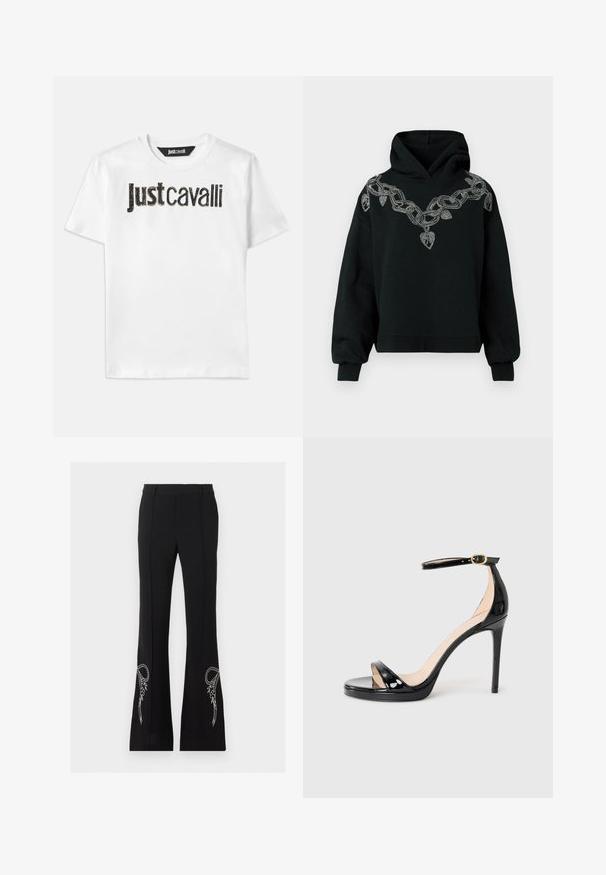 Zwarte hoodie met een groot zilverkleurig kettingontwerp en hartaccenten geborduurd op de voorkant. Gemaakt van zachte stof met een relaxte pasvorm.; Witte katoenen t-shirt met de tekst "Just Cavalli" in zwart met een gestructureerde afwerking. Klassiek ronde hals en korte mouwen.; Zwarte uitlopende broek met witte bloemige strikborduursel bij de zoom aan beide pijpen, met frontronde plooi en riemlussen.; Zwarte patenten hoge hakken sandaal met enkelbandje en gouden gesp, open teen en slanke stilettokant op een effen achtergrond.