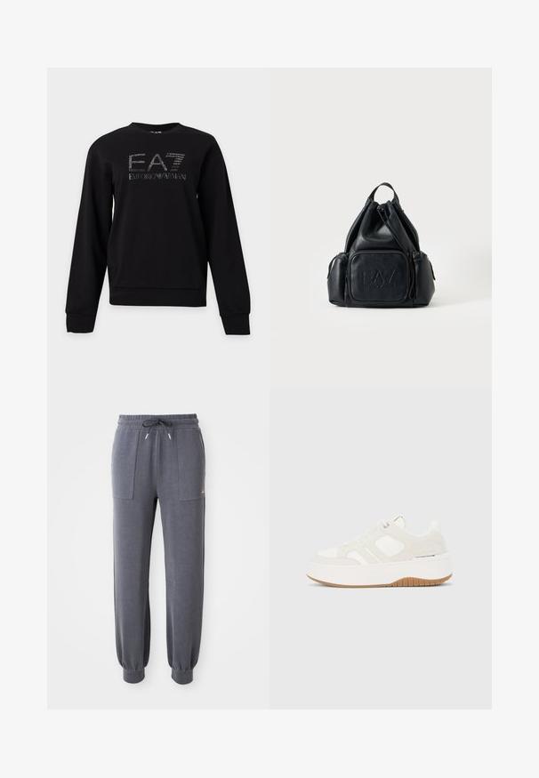 Sudadera negra de manga larga con el logo EA7 Emporio Armani impreso en blanco en el centro delantero.; Pantalones de chándal grises hechos de una tela suave, con cintura elástica y cordón, dos bolsillos delanteros y puños ajustados en los tobillos.; Zapatilla de plataforma blanca y beige con cordones en la parte delantera, suela de goma, marca lateral y detalles de paneles cosidos.; Mochila negra de cuero con cordón, con bolsillos delanteros y laterales con cremallera, con el logo "EA7 Emporio Armani" en relieve en el bolsillo delantero.