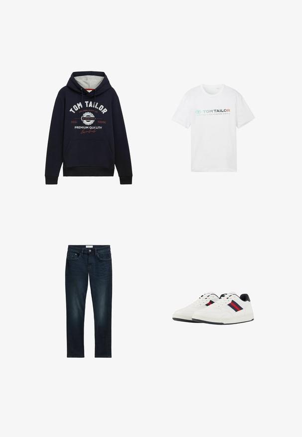 Mørkeblå hættetrøje i bomuldsblanding med grå hætteforing, frontlomme og hvid/ rød grafisk tekst på brystet. Ribkantede manchetter og kant.; Hvid bomulds t-shirt med rund hals, korte ærmer og fronttryk: "TOM TAILOR" med "ESSENTIALS SINCE NINETEEN SIXTY-2."; Mørkeblå denim jeans med slim fit, der har fem lommer, knaplukning og diskret falmning foran for tekstur.; TOM TAILOR Sneakers - white navy