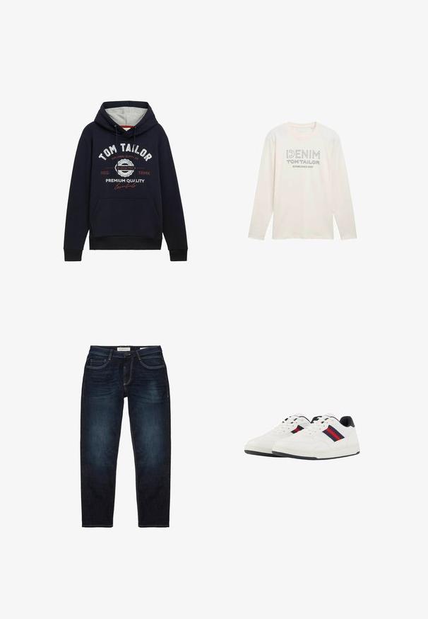Marineblauwe hoodie in een katoenmix, met grijze capuchonvoering, een voorzak en witte/rode grafische tekst op de borst. Geribbelde manchetten en onderrand.; Licht crème longsleeve shirt met ronde hals, voorzien van een bedrukt logo in het grijs met de tekst "DENIM TOM TAILOR ESTABLISHED 2007."; Donkerblauwe spijkerbroek met een standaard pasvorm, voorzien van een ritssluiting, vijf zakken en contrasterende gele stiksels. Over het algemeen een gladde textuur.; TOM TAILOR Sneakers laag - white navy
