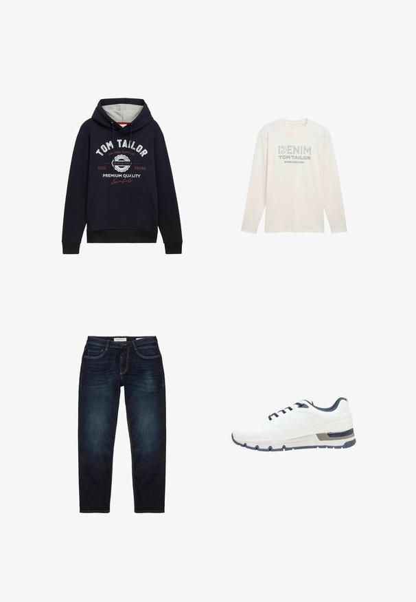 Sudadera azul marino en mezcla de algodón, con forro de capucha gris, bolsillo delantero y texto gráfico en blanco y rojo en el pecho. Puños y dobladillo de canalé.; Camisa de manga larga de color crema claro con cuello redondo, que presenta un gráfico de logotipo impreso en gris que dice "DENIM TOM TAILOR ESTABLISHED 2007".; Jeans de mezclilla azul oscuro con un ajuste estándar, que presentan una cremallera, cinco bolsillos y costuras amarillas en contraste. Textura suave en general.; Zapato deportivo blanco con acentos en azul marino, parte superior texturizada, seis ojales para los cordones, suela acolchada y un sutil detalle estampado en los costados.