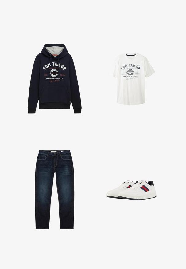 Sudadera azul marino en mezcla de algodón, con forro de capucha gris, bolsillo delantero y texto gráfico en blanco y rojo en el pecho. Puños y dobladillo de canalé.; Camiseta de algodón blanca con cuello redondo, mangas cortas y estampado gráfico en la parte frontal en negro y azul con el nombre de la marca "Tom Tailor."; Jeans de mezclilla azul oscuro con un ajuste estándar, que presentan una cremallera, cinco bolsillos y costuras amarillas en contraste. Textura suave en general.; TOM TAILOR Zapatillas - white navy