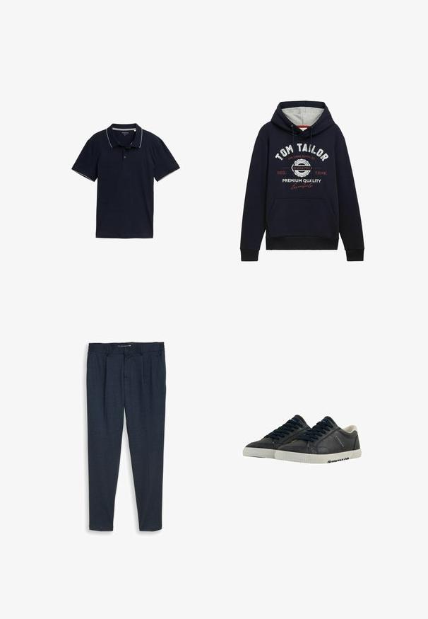 Mørkeblå hættetrøje i bomuldsblanding med grå hætteforing, frontlomme og hvid/ rød grafisk tekst på brystet. Ribkantede manchetter og kant.; Mørkeblå polo shirt lavet af bomuld, med en klassisk krave, tre-knap lukning og kontrasterende lys grå trim på kraven og ærmerne.; Mænds mørkeblå skræddersyede bukser med knap- og lynlåslukning, bæltestropper og lige ben.; Marine læder sneakers med hvide gummisåler, rund tå og sorte snørebånd. Subtile teksturer og branding på siderne. Casual design.