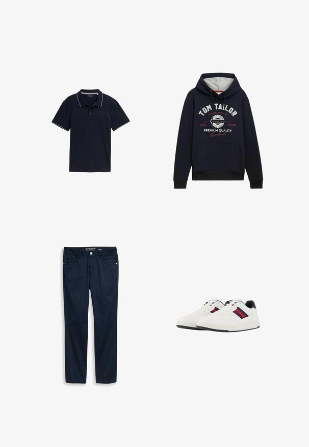 Mørkeblå hættetrøje i bomuldsblanding med grå hætteforing, frontlomme og hvid/ rød grafisk tekst på brystet. Ribkantede manchetter og kant.; Mørkeblå polo shirt lavet af bomuld, med en klassisk krave, tre-knap lukning og kontrasterende lys grå trim på kraven og ærmerne.; Mørkeblå bukser med lige ben, lukkes foran med knap og lynlås, bæltestropper samt lommer foran og bagpå, størrelse 31/32.; TOM TAILOR Sneakers - white navy