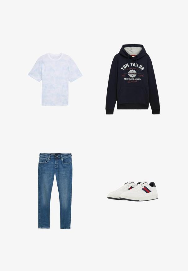 Dunkelblaue Hoodie aus einem Baumwollgemisch mit grauem Kapuzenfutter, Taschen auf der Vorderseite und weiß/rotem Grafikslogan auf der Brust. Rippstrickbündchen und Saum.; Helles blaues T-Shirt mit kurzen Ärmeln und einem subtilen abstrakten Muster. Aus weichem Stoff gefertigt, mit einem runden Halsausschnitt und lockerer Passform.; Blaue Denim-Jeans mit geradem Bein, Fünf-Taschen-Design, dezenten Abnutzungsspuren an den Oberschenkeln und einem Taillenlabel, das die Größe 31/32 angibt.; TOM TAILOR Sneaker low - white navy