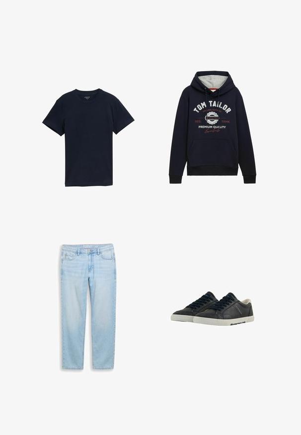 Mørkeblå hættetrøje i bomuldsblanding med grå hætteforing, frontlomme og hvid/ rød grafisk tekst på brystet. Ribkantede manchetter og kant.; Marineblå bomulds-T-shirt, kortærmet, rund hals, glat tekstur, enkelt design, uden mønstre eller accenter, lige kant.; Lyseblå denimjeans med lige ben, forrest med knap, lynlås og fem lommer, lagt fladt på en hvid baggrund.; Marine læder sneakers med hvide gummisåler, rund tå og sorte snørebånd. Subtile teksturer og branding på siderne. Casual design.