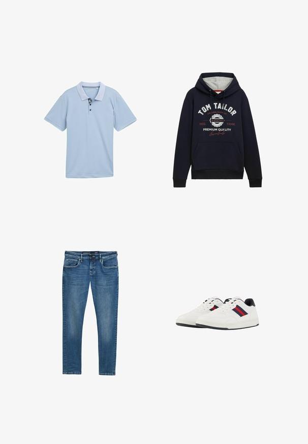 Mørkeblå hættetrøje i bomuldsblanding med grå hætteforing, frontlomme og hvid/ rød grafisk tekst på brystet. Ribkantede manchetter og kant.; Lyseblå polo-shirt med en tofarvet krave, tre-knaps placket og korte ærmer. Fremstillet af glat, åndbart stof.; Blå denim jeans med lige ben, fem-lomme design, subtil vask på lårene, og en waistband label der angiver størrelse 31/32.; TOM TAILOR Sneakers - white navy
