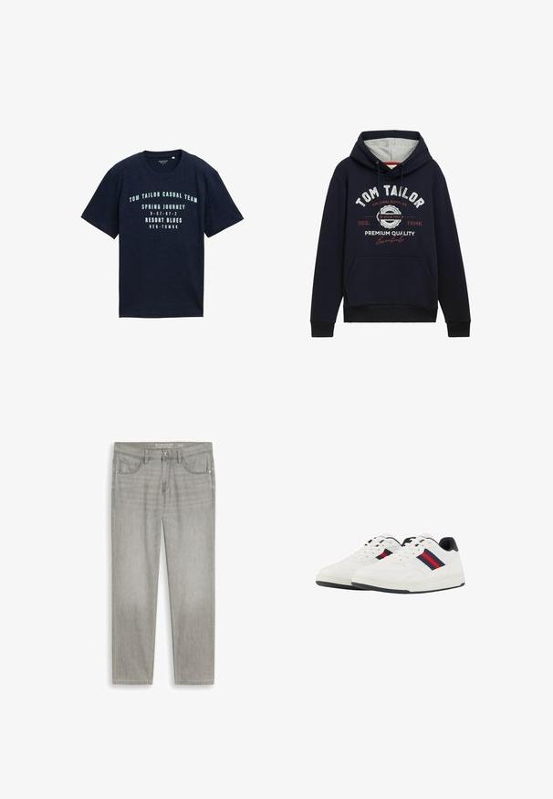 Dunkelblaue Hoodie aus einem Baumwollgemisch mit grauem Kapuzenfutter, Taschen auf der Vorderseite und weiß/rotem Grafikslogan auf der Brust. Rippstrickbündchen und Saum.; Marineblaue Kurzarm-Baumwoll-T-Shirt mit runder Ausschnitt, versehen mit bedrucktem weißen Text und Zahlen auf der Vorderseite in einem lässigen Design.; Hellgraue Jeans mit geradem Bein, Vordertaschen, Gürtelschlaufen und Knopfverschluss, flach auf weißem Hintergrund liegend.; TOM TAILOR Sneaker low - white navy