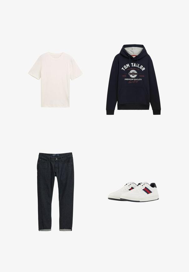 Marineblauwe hoodie in een katoenmix, met grijze capuchonvoering, een voorzak en witte/rode grafische tekst op de borst. Geribbelde manchetten en onderrand.; Korte mouw, ronde hals T-shirt in off-white katoen. Heeft een ontspannen pasvorm met een soepele textuur en geen opvallende patronen of accenten.; Donkerdenim jeans met een slanke pasvorm, met opgerolde manchetten, een klassieke vijf-pocketontwerp en een knoopsluiting, op een witte achtergrond.; TOM TAILOR Sneakers laag - white navy