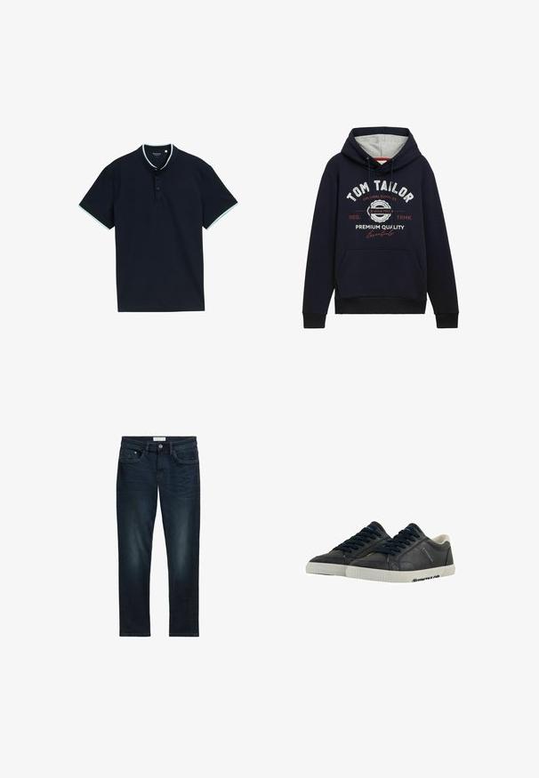 Dunkelblaue Hoodie aus einem Baumwollgemisch mit grauem Kapuzenfutter, Taschen auf der Vorderseite und weiß/rotem Grafikslogan auf der Brust. Rippstrickbündchen und Saum.; Marineblaues Poloshirt aus strukturiertem Stoff, mit Stehkragen, drei Knöpfen und hellblauen Akzenten am Kragen und den Ärmeln.; Dunkelblaue Denim-Jeans mit slim Fit, ausgestattet mit fünf Taschen, einem Knopfverschluss und subtilen Ausbleichungen auf der Vorderseite für eine strukturierte Optik.; Marineblaue Leder-Sneaker mit weißen Gummisohlen, runder Spitze und schwarzen Schnürsenkeln. Subtile Texturen und Branding an den Seiten. Lässiges Design.