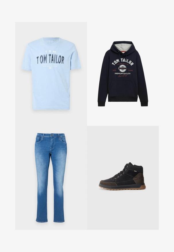 Dunkelblaue Hoodie aus einem Baumwollgemisch mit grauem Kapuzenfutter, Taschen auf der Vorderseite und weiß/rotem Grafikslogan auf der Brust. Rippstrickbündchen und Saum.; Hellblaues Baumwoll-T-Shirt mit rundem Ausschnitt und kurzen Ärmeln. Es hat fettgedruckten, schwarzen Text: "TOM TAILOR" und weitere Branding-Details.; Blaue Jeans aus Denim mit geradem Bein, ausgestattet mit fünf Taschen, einem Reißverschluss und Kontrastnähten. Der Stoff hat eine mittlere Waschung mit Ausbleichungen.; Herren High-Top Sneakers in Schwarz und Braun. Aus Leder und synthetischen Materialien gefertigt, mit einem strukturierten Kragen, Schnürsenkeln und Gummisohle.