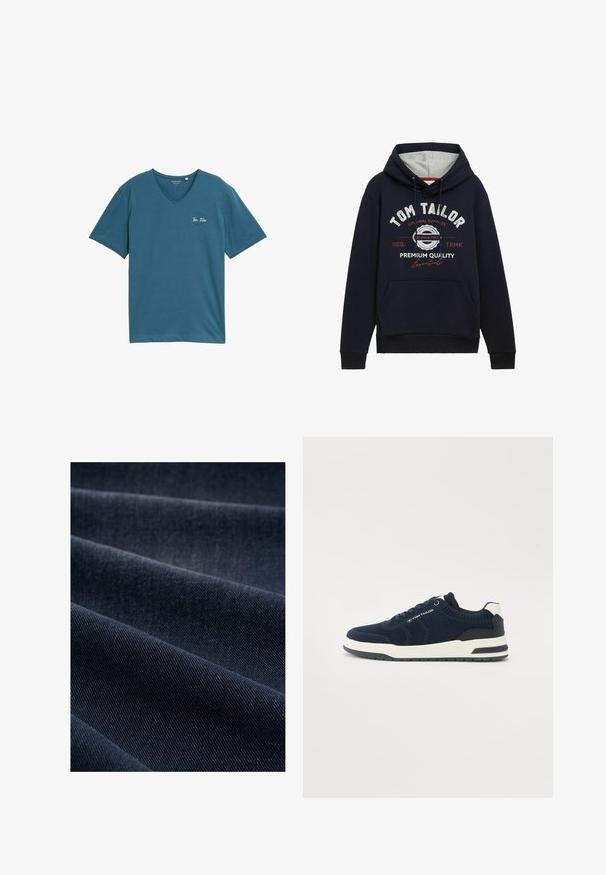 Marineblauwe hoodie in een katoenmix, met grijze capuchonvoering, een voorzak en witte/rode grafische tekst op de borst. Geribbelde manchetten en onderrand.; Tee in een blauwgroene V-hals, gemaakt van zachte katoen, met korte mouwen en een klein wit logo op de linkerborst. Eenvoudig, casual ontwerp.; Donkerblauwe denimstof met een geribbelde textuur, zichtbaar met plooien en golven, die het gewicht en de duurzaamheid benadrukt.; Marineblauwe gebreide sneakers met witte en marineblauwe accenten, ronde neus, gevoerde zool en vetersluiting. Gestructureerde zijpanelen zichtbaar.