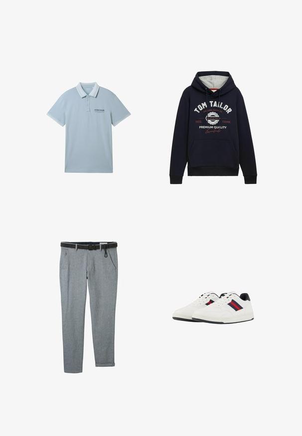 Mørkeblå hættetrøje i bomuldsblanding med grå hætteforing, frontlomme og hvid/ rød grafisk tekst på brystet. Ribkantede manchetter og kant.; Lysblå polo-shirt i blødt stof, med kravehals, to-knap placket og kontrasterende hvid kant på ærmer og krave.; Grå vævede bukser med et sort bælte, der har sidelommer og opsmøgede ankler. Stoffet har en subtil tekstur og klassisk pasform.; TOM TAILOR Sneakers - white navy