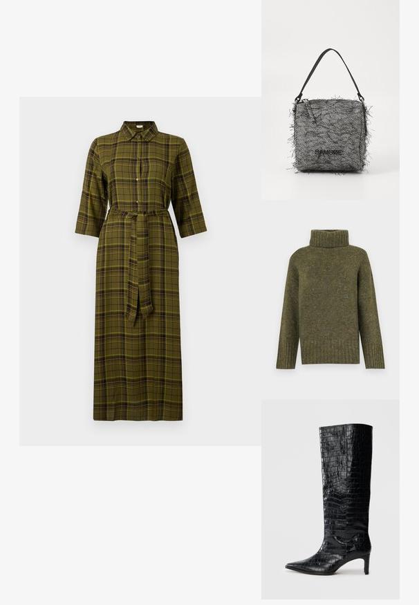 Vero Moda Knitted VMINGRID Knitted - Pullover - grape leaf; Robe midi à carreaux verts avec un col, des manches trois-quarts, une ceinture à nouer et des boutons sur le devant.; Bottes noires montantes, avec une texture brillante à motif crocodile, bout pointu et talon effilé. Matériau synthétique lisse.; Sac en tricot noir et blanc en chevrons avec des bords frangés, doté d'une fine bandoulière et d'un logo sur le devant.