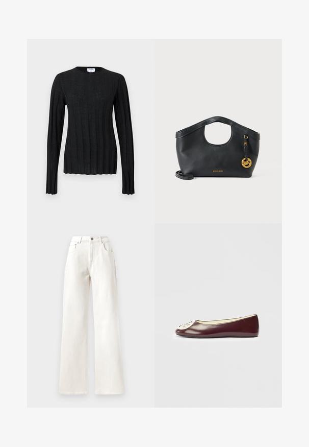 Suéter negro de punto con canalé, mangas largas, cuello redondo, silueta ligeramente ajustada y dobladillo y puños ondulados.; Pantalones de mezclilla blancos de pierna ancha, con cierre de botón, presillas para el cinturón y diseño de cinco bolsillos. Textura suave con costuras visibles.; Bailarinas de charol burdeos con punta redondeada, que presentan un emblema dorado en la punta, textura suave y diseño de bajo perfil.; Bolso de piel negra Michael Kors con asa redonda en la parte superior, charm de logotipo dorado y correa de hombro desmontable sobre fondo blanco.