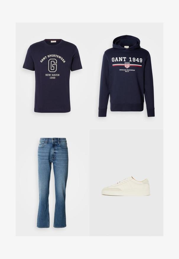 Marineblaue Kapuzenjacke mit einem Frontgrafik, die "GANT 1949" und ein Schild-Logo zeigt. Hergestellt aus weichem Material, hat sie lange Ärmel und eine Kordelzugkapuze.; Navy Baumwoll-T-Shirt mit einem weißen Grafikdruck, auf dem "GANT SPORTSWEAR", "NEW HAVEN" und "1949" steht. Rundhalsausschnitt und kurze Ärmel.; Hellblaue Denim-Jeans mit geradem Schnitt und leicht ausgestelltem Bein. Verfügt über fünf Taschen, einen Knopfverschluss und dezente Waschungseffekte.; Weiße Wildleder-Sneaker mit glatter Oberfläche, rundem Zehenbereich, flachem Schnürdesign und kontrastierenden, strukturierten Akzenten. Mit einem dezenten Logodetail versehen.
