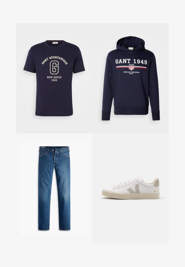 Marineblå hættetrøje med et frontgrafik, der har "GANT 1949" og et skjoldlogo. Den er lavet af blødt materiale, har lange ærmer og en hætte med snore.; Marineblå bomulds T-shirt med et hvidt grafisk design med "GANT SPORTSWEAR," "NEW HAVEN," og "1949." Rund halsudskæring og korte ærmer.; Blå denim jeans med lige ben design, fem lommer og knappelukning. Blegning langs lårene tilføjer visuel struktur.; Hvide lædersneakers med beige detaljer, flad gummisål, rund tå og kontrasterende logo på siden og bagsiden. Snørebåndsdesign.