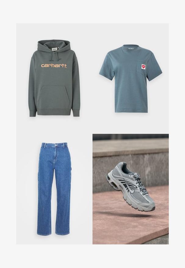 Dunkelgrauer Kapuzenpullover mit Kängurutasche, gerippten Bündchen und einem pinkfarbenen "carhartt"-Logo auf der Brust. Verstellbare Kapuze mit Kordelzug.; Blaues T-Shirt mit kurzen Ärmeln und rundem Hals, links auf der Brust mit einer Tasche versehen, die das rot-weiße herzförmige Carhartt WIP-Logo zeigt.; Blaue High-Waist-Jeans mit geradem Bein, ausgestattet mit einem Frontknopfverschluss und seitlichen Taschen. Glatte Textur und keine sichtbaren Muster.; Hellgrauer und weißer Nike-Laufschuh mit Mesh-Design, schwebt über einer Steinoberfläche im Freien.
