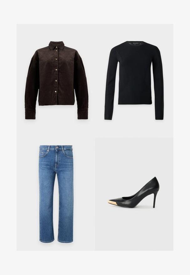 Jersey negro de manga larga con cuello redondo, corte ajustado y detalles sutiles en las costuras, presentado sobre un fondo claro y liso.; Camisa de pana marrón con cuello de camisa, botones en la parte frontal y mangas largas. Presenta una tela texturizada y un ajuste ligeramente oversize.; Vaqueros de mezclilla azul con corte recto, diseño clásico de cinco bolsillos y cierre de botón, exhibidos sobre un fondo blanco.; Zapato de tacón alto de cuero negro con puntera afilada; presenta un detalle metálico dorado en la tapa del tacón. Superficie lisa con un diseño elegante.