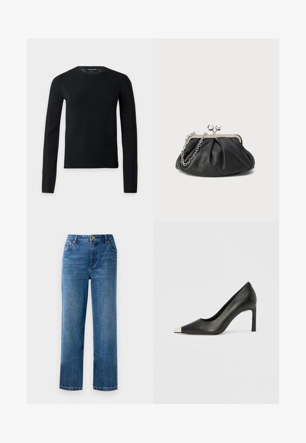 Schwarzer Langarmpullover mit Rundhalsausschnitt, schmaler Passform und dezenten Nahtdetails, präsentiert vor einem einfarbigen hellen Hintergrund.; Blaue hochgeschnittene Jeans mit geradem Bein, aus Denim, mit fünf Taschen und goldfarbenen Hardware-Details.; Schwarzer Lederschuh mit hohem Absatz, spitz zulaufender Zehenpartie und metallischer silberner Spitze. Verfügt über eine glatte Oberfläche und einen schlanken 10 cm hohen Absatz.; Schwarze Leder-Clutch mit geraffter Textur, silberfarbener Metallrahmen, Druckverschluss und Kettenriemen. Glatte, weiche Oberfläche.
